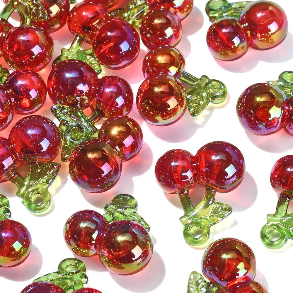 2097 Acrylic Cherry Fruit Charms - 20pcs Transparent Red, Kawaii 3D, Bulk